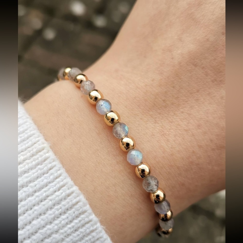 Labradorite Bracelet Gold Hematite Beaded Stretch Bracelet